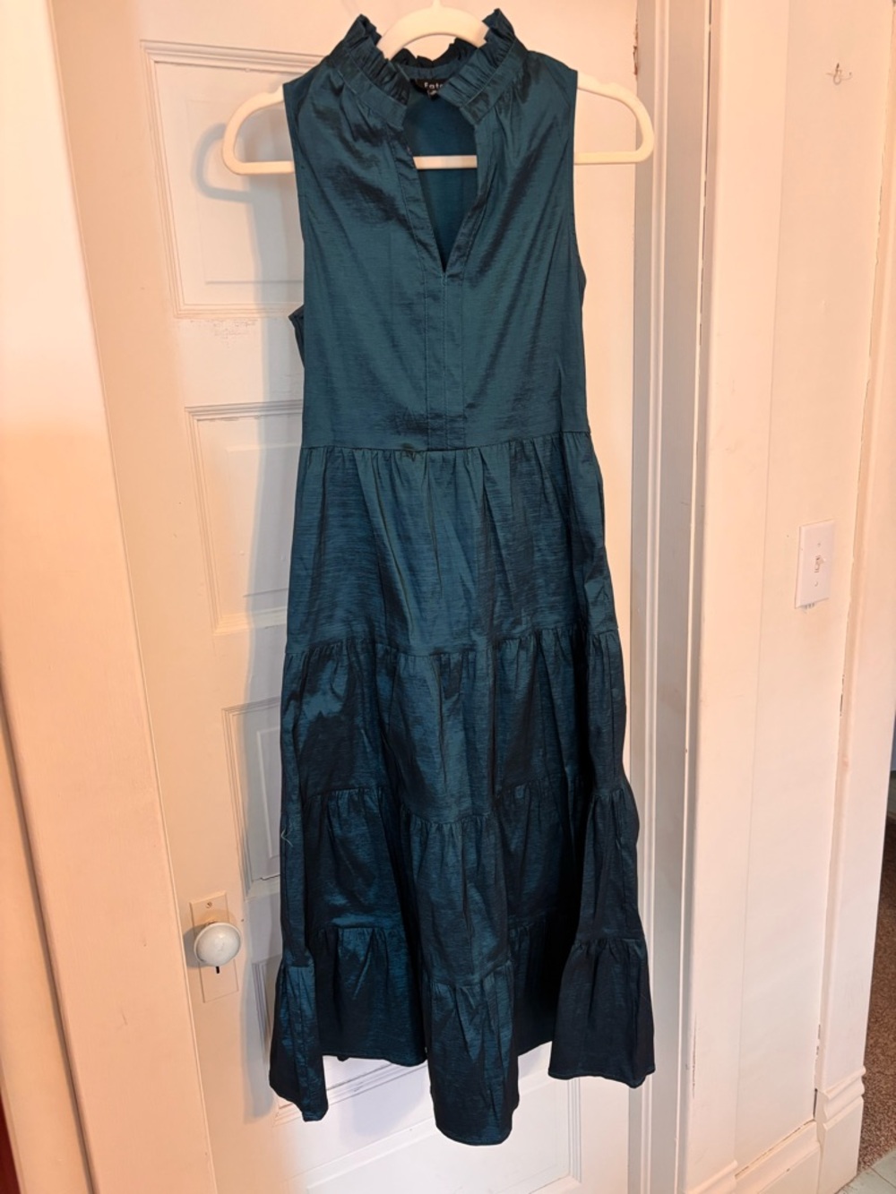 Sleeveless Teal Ruffle-Neck Tiered Midi Dress